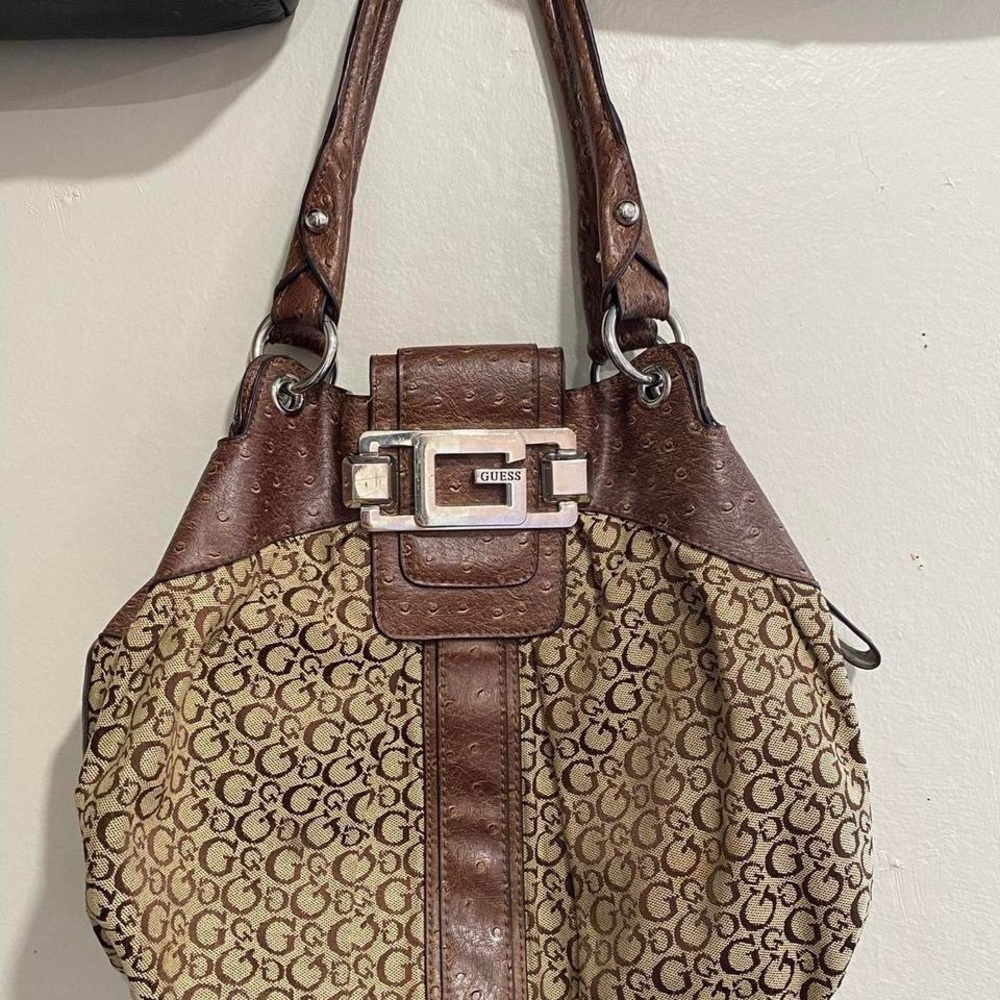GUESS Signature Brown and Tan Shoulder Bag